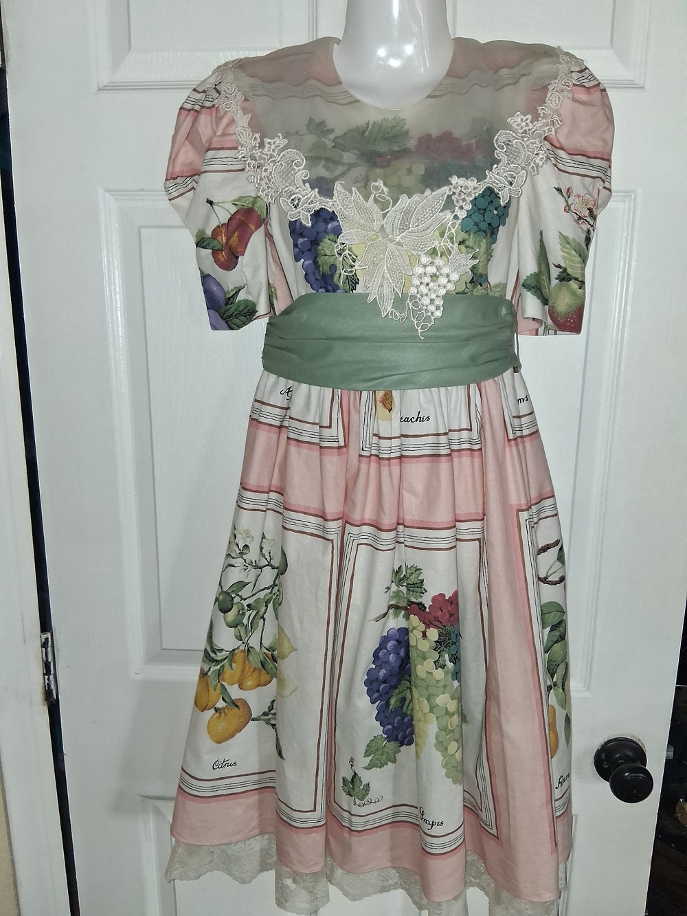 RARE VTG 80s Jinelle Cottagecore Fruit Panel Lace Dress Size 14